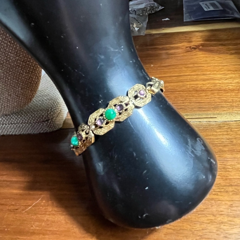 Gold and Green Gemstone Bracelet. Vintage signed Florenza